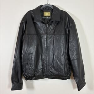 VTG Boston Harbour Black Leather Bomber Jacket Mens XL Rugged Aviator 90s Y2K